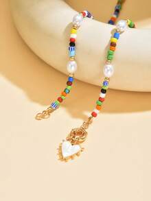 1pc Multicolor Beaded Handmade Necklace With Heart Pendant, Romantic Choker Necklace Suitable For Women's Daily, Beach, Party Wear - Multicolor - View 3
