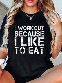 100% Cotton T-Shirt: I Work Because I Like To Eat. Fun Gym And Fitness T-Shirts, Loose And Comfortable. Mid-Season Show T-Shirt. Women's Simple Solid Color T-Shirt, Loose And Slim Fit Casual Short Sleeve - 黑色 - 查看 7