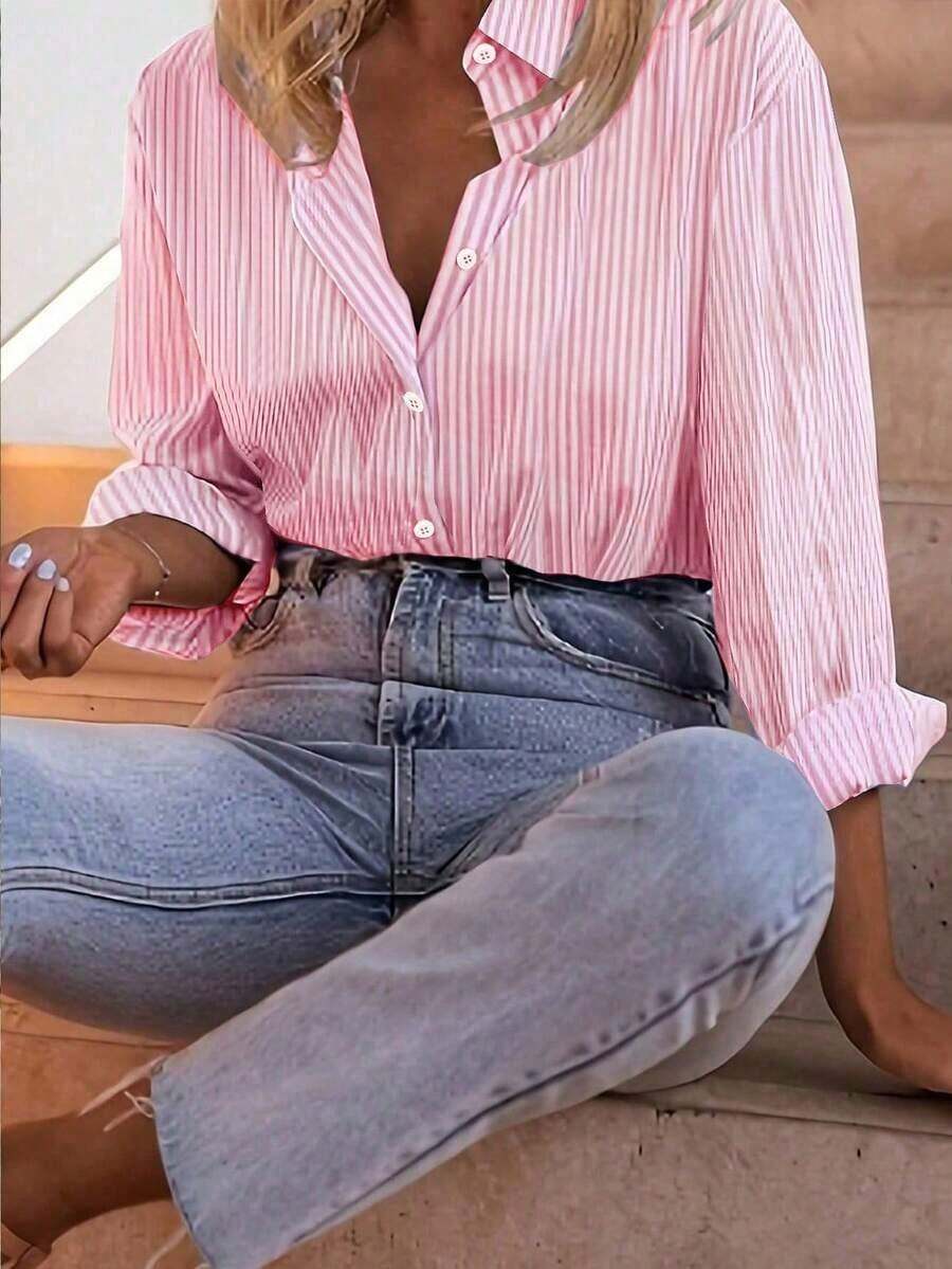 Camisa de manga larga a rayas casual y de uso diario para mujer, color rosa, para primavera - Rosa - Ver 1