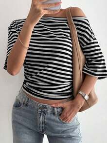 Blusa holgada y casual de mujer con rayas y parches, cuello oblicuo y manga corta, elegante estilo callejero para primavera, verano y otoño - Blanco y Negro 2 - Ver 3