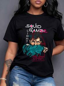 Juego del Calamar 2 protagonista tensión rostro oculto decisiones cruciales 'Luz Verde Luz Roja' y 'STOP' resumen supervivencia desafíos del juego Esencia de la serie para fans Camiseta de mujer% algodón-Vintage Street Style Unisex Loose Cotton Short Sleeve Crew Neck-Shirt - Negro - Ver 7