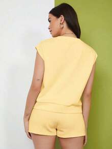 unicolor de manga murciélago Top & de cintura con cordón Shorts - Amarillo - Ver 2