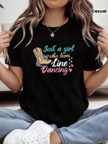 Para los amantes del baile en línea, una camiseta estampada de manga corta y cuello redondo para primavera y verano, perfecta para salidas informales, regalos navideños, reuniones con amigos, fiestas de música y atuendos de vacaciones. - Negro - Ver 3