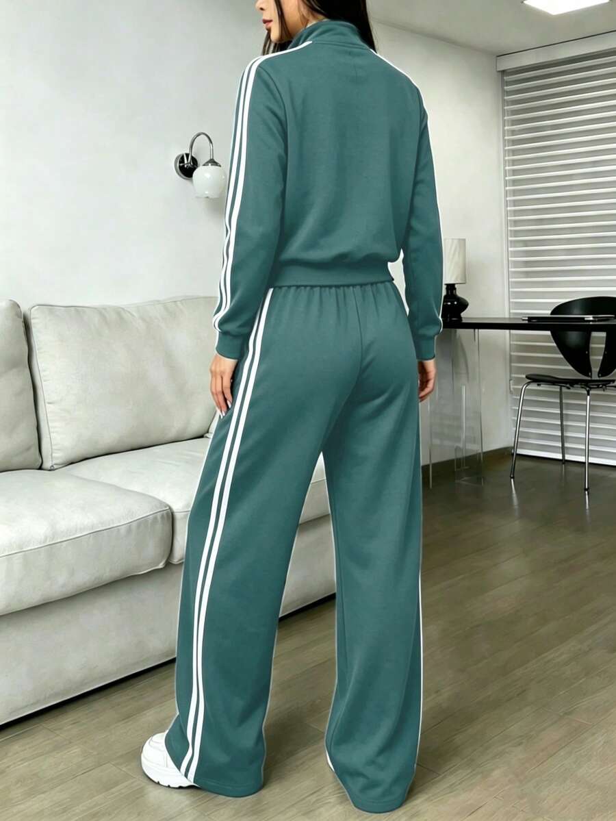 Conjunto De Top Corto De Manga Larga Y Pantalón Para Mujer Con Diseño De Bloques De Color - verde menta - Ver 1