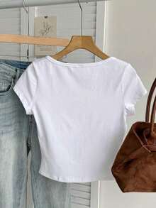 Camiseta ajustada de mujer de cuello de pico, manga raglán, color azul claro, estilo minimalista casual, 95% algodón - Multicolor - Ver 2