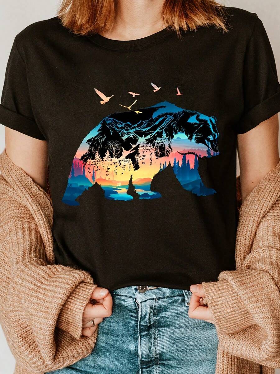 Camiseta suave 100% algodón con estampado de oso, cuello redondo, manga corta, informal, para primavera y verano, ropa de mujer, camiseta de algodón transpirable, combina con todo, genial. - Negro - Ver 1