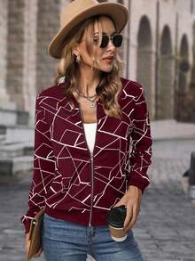 Chaqueta acolchada con cremallera de colores contrastantes, versátil para uso diario, estilo bomber compuesto - Burdeos - Ver 5