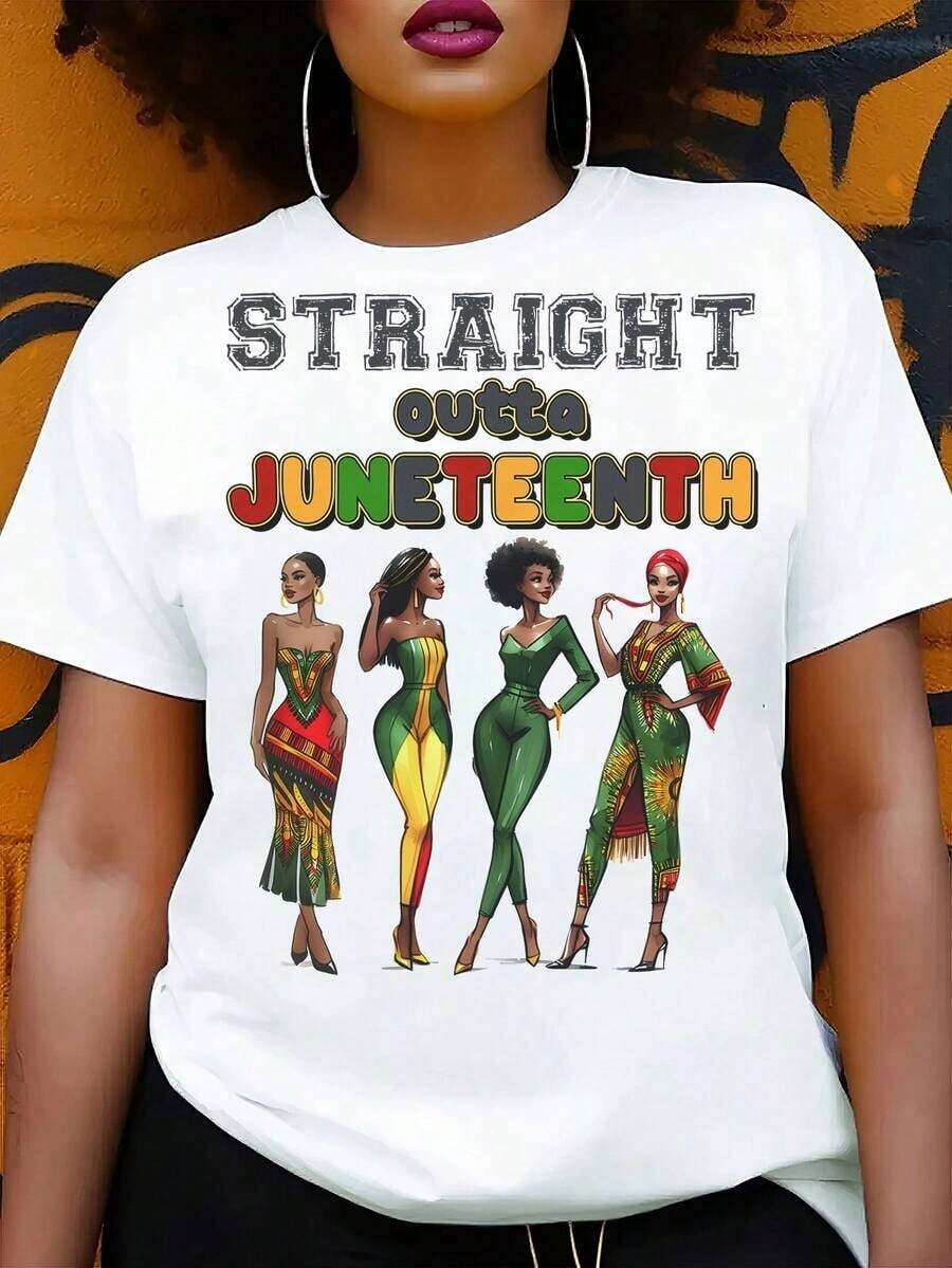 ropa de mujer Black History Month STRAIGHT A Outta JUNETEENTH A la moda y versátil, nuevos estilos de verano y primavera. Camisetas Divertidas para Mujer, Camiseta de Mujer con Cuello Redondo Diseñada para Looks Casuales de Primavera y Verano, Excelente Regalo, Ropa de Verano para Vacaciones de Mujer, camisas de mujer - Blanco - Ver 1