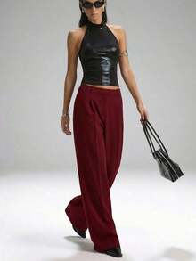 Pantalones casuales y versátiles de cintura alta con pierna ancha de unicolor - Burdeos - Ver 6