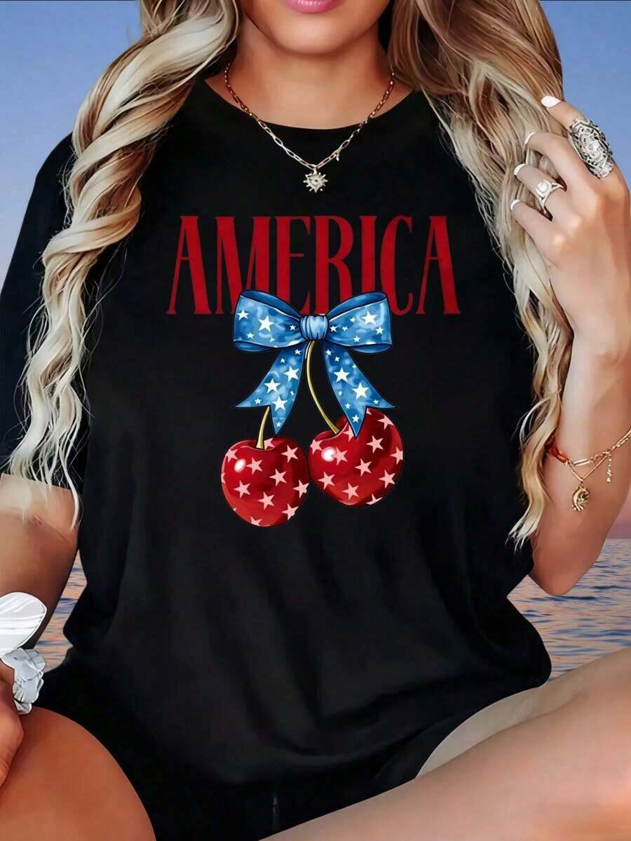 Camiseta con Estampado de Cerezas Americanas, Diseño Patriótico de Estrellas y Rayas, Camiseta Casual de Verano para Mujer, g - Negro - Ver 1