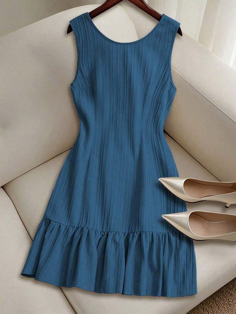 Vestido casual mini de mujer con tirantes de amarre, espalda descubierta, sin mangas, corte evasé y dobladillo con volantes - Azul - Ver 1
