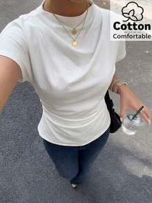 Blusa de bambú y lino con cuello arrugado, mangas asimétricas, plisado lateral y cintura ceñida, para uso diario, color albaricoque, para todas las estaciones - Blanco - Ver 2