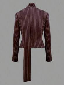 Chaqueta de blazer elegante a rayas para mujer, chaqueta de lujo de manga larga con cuello en V y bufanda anudada para mujer, prenda exterior de primavera - Rojo - Ver 2