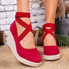 Giày đế xuồng và đế cao kiểu espadrille cho nữ, sandal quai ngang dệt màu đen mũi tròn thích hợp cho kỳ nghỉ biển, đế dây thừng co giãn, kết hợp với giày nữ. - Đỏ - Xem 6