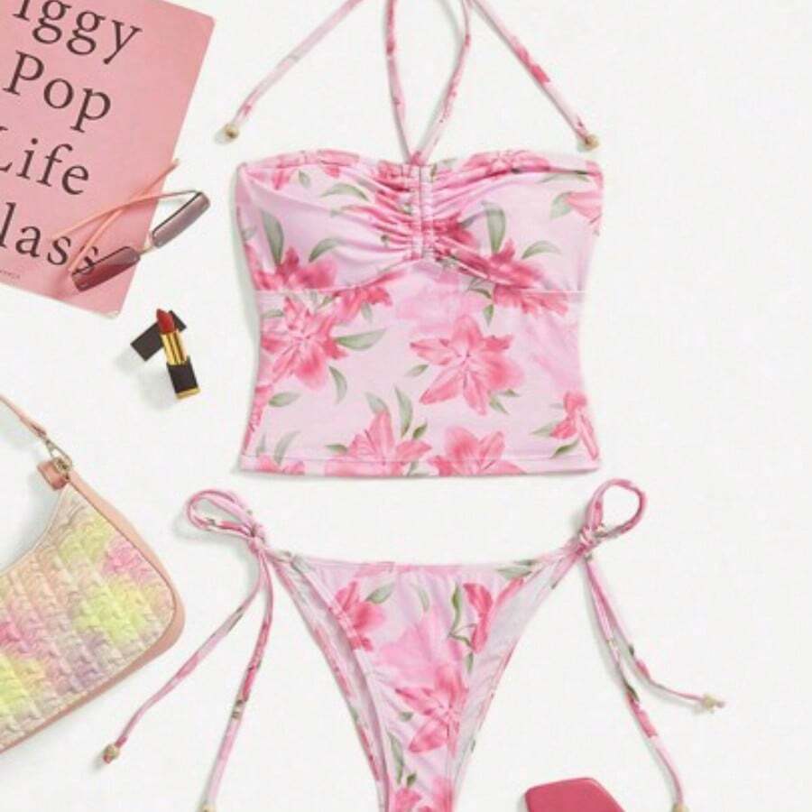 MOD 2pcs/Set Halter Neck Ruffled Floral Print Top With Side Tie Triangle Bottom Swimsuit,Tank Tops, Cute, Kawaii - Rosa - Ver 1