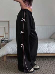 Pantalones casuales de pierna ancha con cordón en contraste y ribeteamionto - Negro 3 - Ver 9