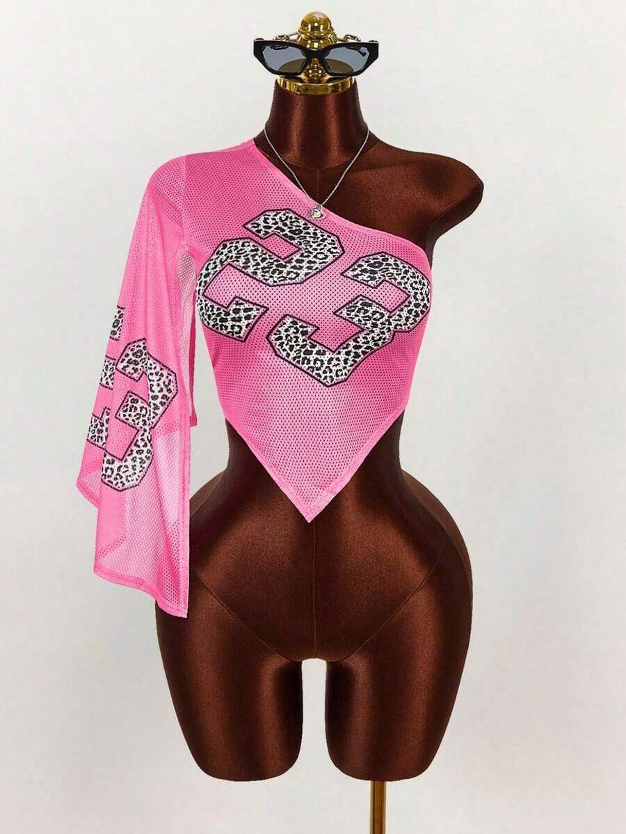 Top sin mangas de estilo callejero para mujer con hombros de malla y recortes, transparente y sexy - Rosa Fucsia - Ver 1
