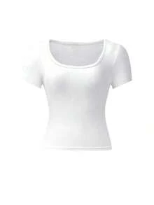Set de 3 camisetas de mujer de manga corta con cuello en U, tops ajustados y cortos de color liso casual y de moda para el verano - Multicolor - Ver 7