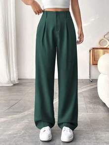 Pantalones De Corte Relajado Con Pierna Recta Plisada De Color Liso Para Mujer - Verde - Ver 1