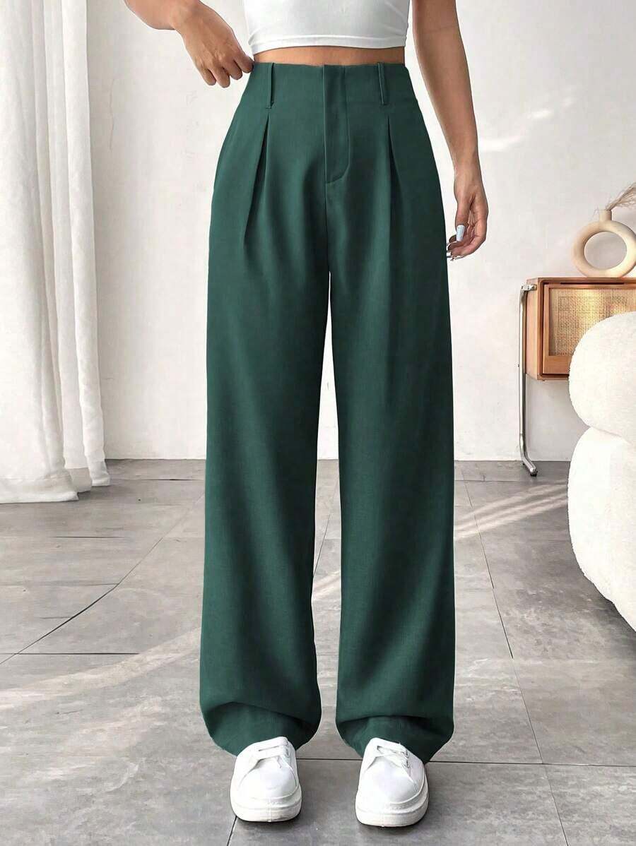 Pantalones De Corte Relajado Con Pierna Recta Plisada De Color Liso Para Mujer - Verde - Ver 1