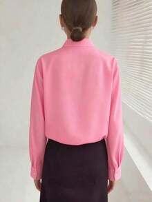 Camisa casual suelta de botones de unicolor con hombros caídos, manga larga para primavera - Rosa - Ver 3