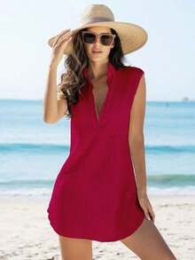 Swim Vcay Cubierta sólida de color para mujer con escote en V profundo para bodas - Burdeos - Ver 5