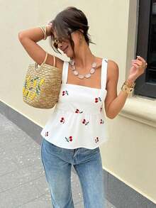 Camiseta sin mangas con volantes y estampado de lunares para vacaciones - Albaricoque 2 - Ver 6