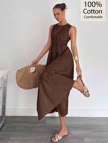 Vestido sin mangas de línea A de algodón y lino para mujer, primavera/verano - Marrón - Ver 1