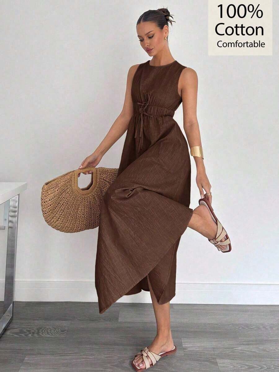 Vestido sin mangas de línea A de algodón y lino para mujer, primavera/verano - Marrón - Ver 1