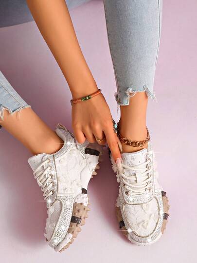 2026 Season New Rhinestone Studded Women's Sneakers, Breathable Casual Flat Shoes, Fashion Versatile Platform Party Shoes