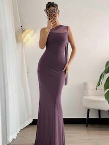 Vestido maxi ajustado de estilo elegante y romántico, con cuello asimétrico, adecuado para fiestas, vacaciones en la playa, vuelta al colegio, citas románticas, temporada de bodas, cumpleaños, Pascua, primavera/verano - Púrpura polvoriento - Ver 4