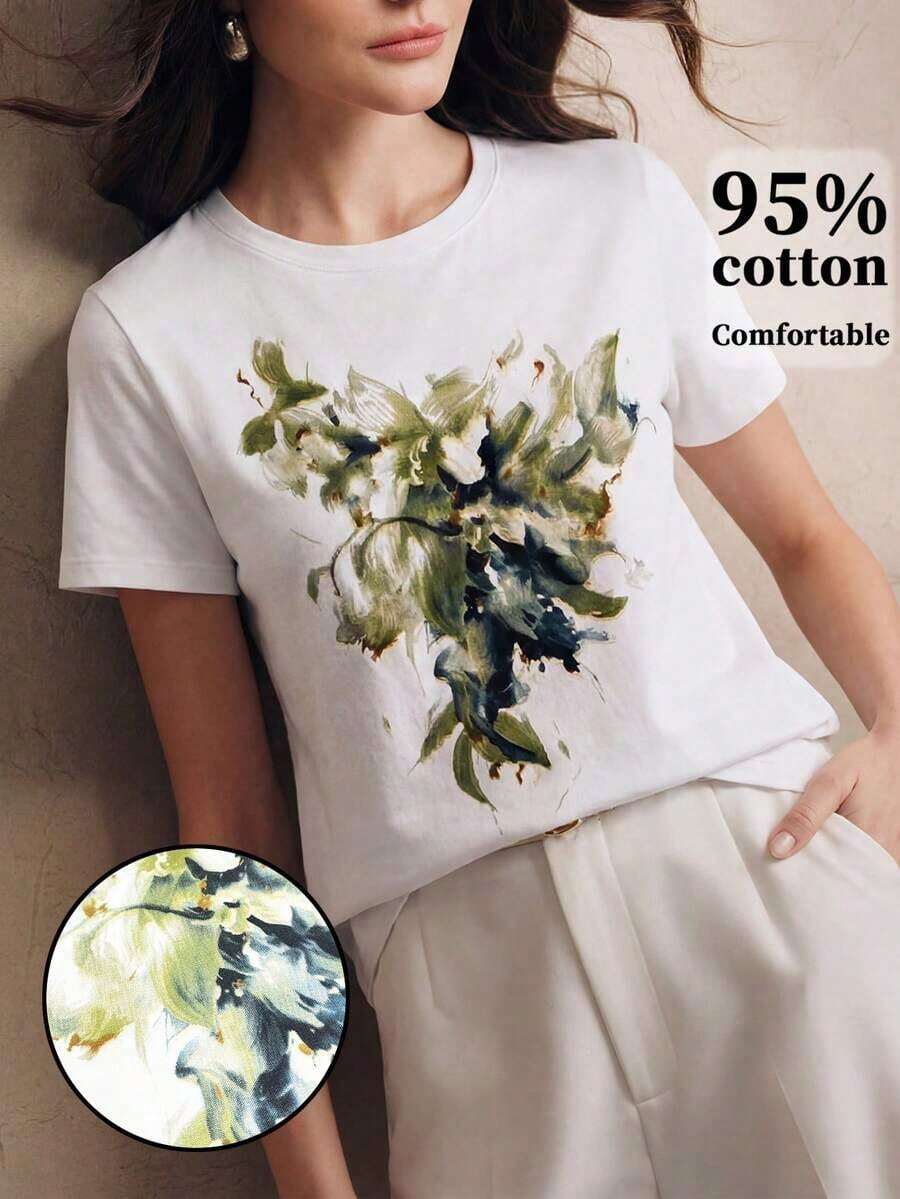 1pscAnewsta Camiseta Estampada Elegante y Divertida para Mujer, Adecuada para el Uso Diario, 100% Algodón - Blanco 9 - Ver 1