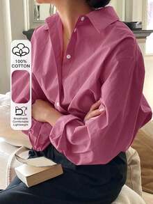 Camisa holgada de mujer de unicolor, de manga larga y de abotonadura sencilla - Rosa - Ver 7