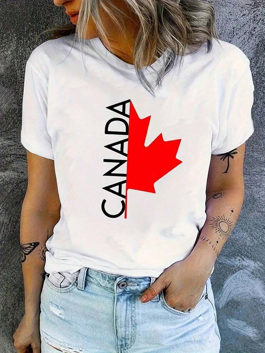Camiseta de manga corta para mujer, estilo casual, con estampado de la bandera de Canadá - Diseño audaz de hoja de arce, diseño de colores contrastantes, cuello redondo de corte regular, lavable a máquina para comodidad durante todo el año, top para mujer, fácil cuidado, corte holgado y bonito, 100% algodón. - Blanco - Ver 1