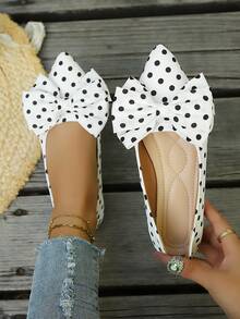 1 Par de Sapatos Femininos de Bico Fino com Decoração de Laço e Bolinhas, Forro Confortável, Slip-On Elegante e Versátil para Uso Diário e Passeios - Branco - Visão 2