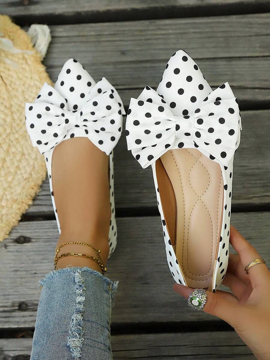 1 Par de Sapatos Femininos de Bico Fino com Decoração de Laço e Bolinhas, Forro Confortável, Slip-On Elegante e Versátil para Uso Diário e Passeios