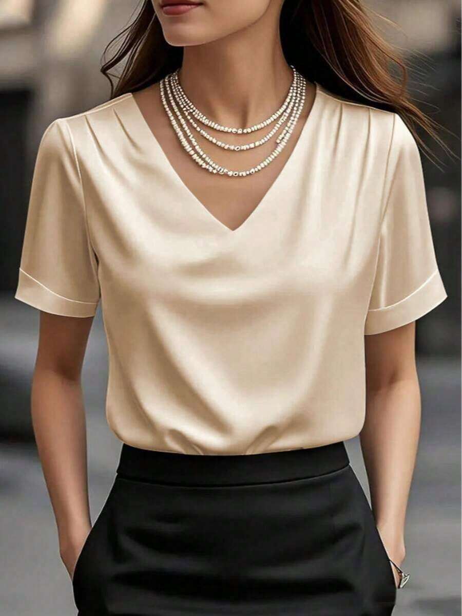 1 pieza Blusa de mujer de unicolor de satén con cuello en V y manga corta, elegante y de moda para uso diario, oficina, hogar, citas, primavera/verano, color negro casual - Champán - Ver 1