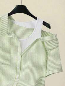 Camisa de mujer casual de manga corta raglán a rayas texturizada azul y blanca, de verano - Verde - Ver 5