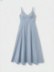 Vestido midi elegante de mujer con cuello en V, vestido de tirantes de mezcla de lino con corte evasé y espalda descubierta, adecuado para vacaciones, playa, boda, fiesta de cóctel - Celeste - Ver 5