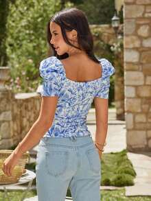 Blusa de mujer casual y elegante con estampado floral romántico y cuello en V, manga abullonada, para primavera/verano.Blusa floral de verano, blusa de primavera, blusa de manga abullonada, blusa floral, Blusa floral francesa suave del verano 2026 con cuello de corazón, manga abullonada y ajuste ceñido, blusa de manga corta linda para vacaciones, camisa delgada versátil para uso diario - Azul y blanco - Ver 2