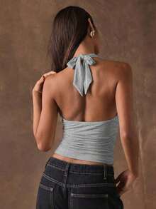 Blusa de mujer con escote halter y espalda descubierta con estampado de leopardo, adecuada para vacaciones de verano y fiestas - Gris Claro - Ver 2