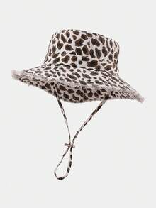 1pc Vintage Leopard Print Frayed Edge Bucket Hat, Adjustable Rope Design, Beach Vacation Sun Protection Hat - Drawstring Leopard Print Fisherman's Hat - View 17