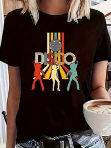 1 Women's Retro Disco Silhouette T-Shirt | Vibrant "DISCO" Print With Colorful Dancers And DJs, Casual Short Sleeves, Comfortable Fit For Parties, Birthdays, Everyday Wear, All-Season Fashion, Crew Neck, Regular Length, Slightly Stretchy Fabric. Suitable For Spring, Summer, And Autumn. - 黑色 - 查看 1
