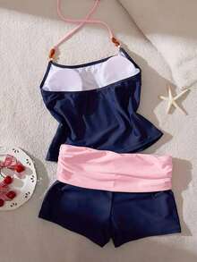 Conjunto de tankini de contraste de color para mujer/ropa de playa/casual/estilo Y2K/básico/vuelta al colegio vacaciones de verano - azul oscuro - Ver 6