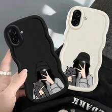 Girl Macaron Wavy Edge Phone Case, Suitable For Girls And Cats, Compatible With Galaxy/Compatible With Honor/HW - Black - View 1