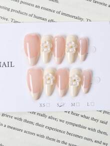 10 móng giả thủ công màu trắng kiểu Pháp, họa tiết hoa 3D, tông màu nude, thanh lịch, tối giản, sang trọng, cao cấp. - trắng - Xem 2
