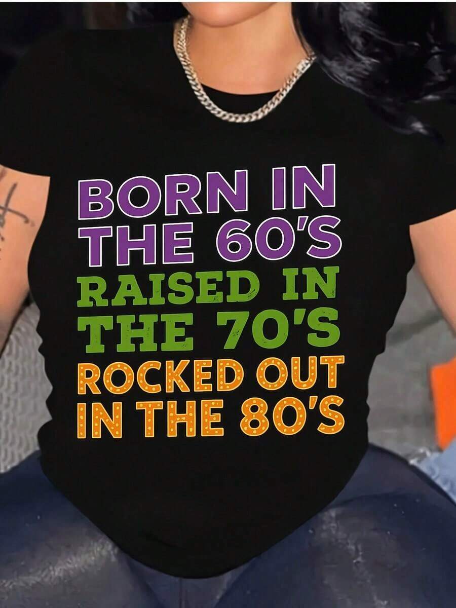 Camiseta Casual para Mujer con Estampado "Nacido en los 60/70/80" Estilo Vintage | Camiseta de Fiesta Temática Nostálgica, Exclusiva para Entusiastas del Retro, Versión para Adultos de Estilo Nostálgico, Cuello Redondo, Manga Corta, Tela Ligeramente Elástica, Adecuada para primavera, verano y otoño. - Negro - Ver 1