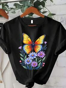Camiseta clásica de talla grande para mujer, camiseta con estampado de mariposas y flores coloridas, top casual de verano para mujer, camiseta con estampado de diseño inspirado en la naturaleza, top de manga corta con cuello redondo, adecuada para usar en verano/otoño, el mejor regalo para el Día de Acción de Gracias, Navidad y Año Nuevo. Éxito de . - Negro - Ver 7