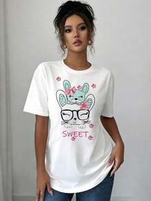Camisetas de manga corta de talla grande para mujer para el verano, tops básicos de uso diario, "Camiseta estampada con diseño de conejito dulce de mamá".|   Tops casuales de manga corta y cuello redondo para verano y primavera, ropa de mujer transpirable y cómoda. - Blanco - Ver 3