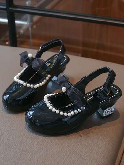 Giày sandal đế vuông kiểu Mary Jane đính ngọc trai và nơ cho bé gái, giày công chúa cho bé gái dự tiệc và đi hàng ngày.